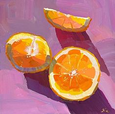 an oil painting of oranges cut in half on a purple background with the shadow of one sliced up