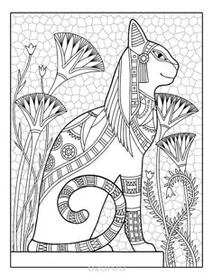 a coloring book page with an image of a cat in the grass and flowers on it