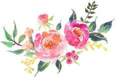 watercolor painting of pink flowers and green leaves