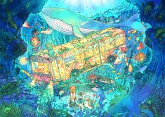 a painting of a bus in the middle of an ocean with dolphins and other animals around it