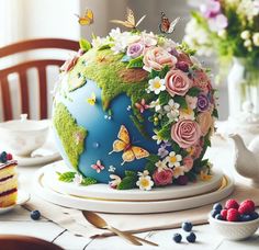 a cake decorated with flowers and butterflies on top of a table next to a slice of cake