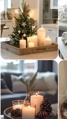 four different pictures with candles and christmas decorations