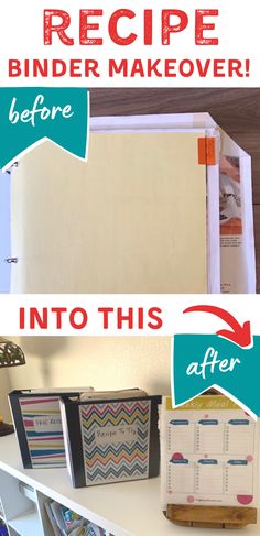 the before and after pictures of binder makeover on a white shelf with text overlay