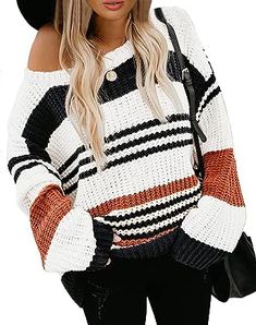 KIRUNDO 2023 Fall Winter Women's Striped Color Block Short Sweater Long Sleeve Crew Neck Casual Loose Knit Pullover Tops at Amazon Women’s Clothing store Semi Professional Outfits Women, Sweaters Striped, Patagonia Pullover, Short Sweater, Burberry Coat, Pullover Outfit, Colour Blocking, Loose Pullover, Long Sleeve Knit Sweaters