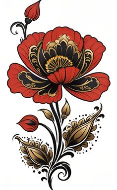 a red flower with black and gold designs on it's side, in the middle of