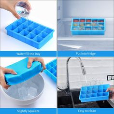 four pictures showing how to use ice cube trays in the kitchen and on the sink