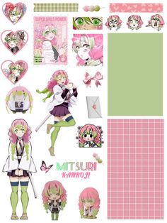 some stickers that are on the side of a paper with pink hair and green eyes