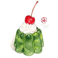 a drawing of a green jello with a cherry on top and whipped cream in the middle