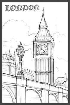 the big ben clock tower towering over london, england in black and white coloring book page