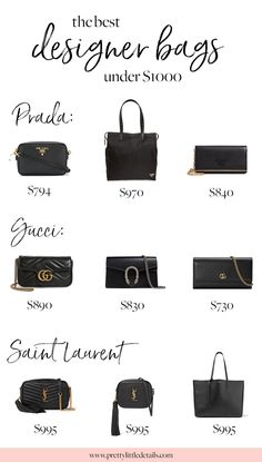 The best designer bags under $1000. Gorgeous and affordable bags from Prada, Gucci and Saint Laurent. Best Designer Bags, Designer Totes, Prada Handbags, Purses Designer, 가을 패션