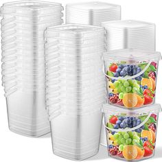 plastic cups filled with different types of fruit on the bottom and sides, all stacked together