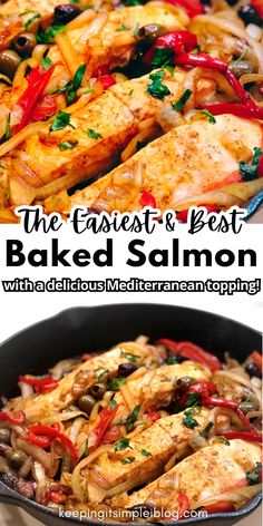 These oven baked salmon filets are cooked in cast iron in the oven with a delicious Mediterranean topping. With tender flakey salmon and a delicious topping made up of olives, peppers, vinegar and onions for an easy and delicious flavor packed dinner.