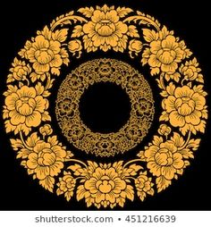 a circular frame with yellow flowers and leaves on a black background, in the shape of a wreath