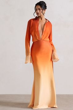 Serita | Orange Ombre Satin Split Maxi Skirt Elegant Satin Dress Orange, Ombre Wedding Dress Orange, Orange Evening Dresses Long, Burnt Orange Silk Dress Long Sleeve, Two Color Long Dress, Best Prom Dresses Orange, Orange Braidsmaid Dress, Orange And White Wedding Dresses, Bridal Party Orange Dresses