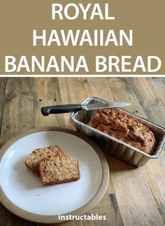 a loaf of bread sitting on top of a white plate next to a pan filled with banana bread