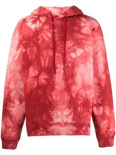 Cherry-red/white cotton tie dye-print hoodie from MARTINE ROSE featuring tie-dye print, logo print to the rear, classic hood, drawstring fastening and long sleeves. | Martine Rose Tie Dye-Print Hoodie