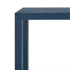 a blue table with two legs and a white back drop in the middle, against a white background