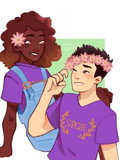 two people with flowers in their hair and one is holding the other's shoulder