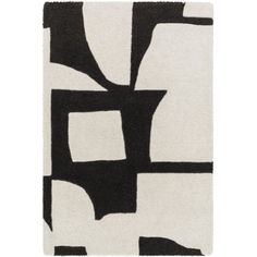 a black and white rug with an abstract design on the bottom, in front of a white background