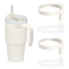 two white cups with lids and handles, one has a straw in the cup while the other holds a spoon