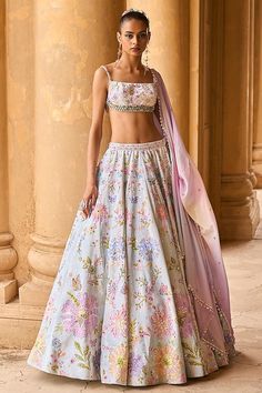 Mint Velvet Floral Motif Lehenga Set Design by Lashkaraa at Pernia's Pop Up Shop 2024 Lehenga Fits, Mint And Purple, Pastel Lehenga, Heavy Lehenga, Dori Work, Velvet Embroidery, Printed Lehenga, Velvet Lehenga