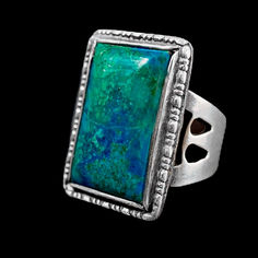 Wild West Style Gorgeous Intense Blue Green Chrysocolla Sterling Silver Ring. Circa 1960s. Chrysocolla is a spiritual stone of empowerment, communication , and calming, of the feminine energies, teaching that genuine power is best expressed through gentleness. It is a stone of the Goddess.  Size 11 Available at my Etsy Shop https://Far-Rider-West.com   #chrysocolla #vintagerings #bohorings #mensring #gypsyring #spiritualgifts #handmadering #artisanjewelry #westerngifts #wildwest #uniquejewelry #chunkyrings