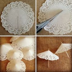 four pictures showing how to make paper doily