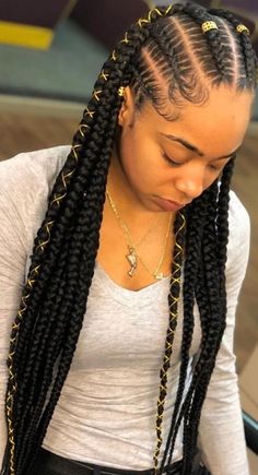 Jumbo Half Up Half Down Braids, Box Braid Ideas For Black Women, Baird Hair Hairstyles, Feed In Braid Styles, Big Fulani Braids, Four Braids Cornrow, Braids Hairstyles 2023, Feedins Braids, Fulani Cornrows