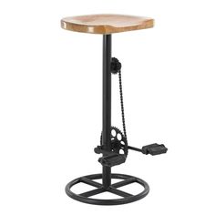 an adjustable stool with a wooden seat and black metal frame, on a white background