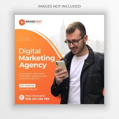 a man is looking at his phone while standing in front of an orange background with the words digital marketing agency on it