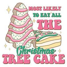 the christmas tree cake has been decorated with pink icing and green frosting on it