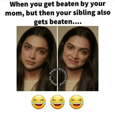 a woman's face is shown with the caption when you get beaten by your mom, but then your sibling also gets beaten