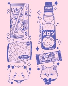 two bottles of milk and an animal sticker on a pink background, with the words hello kitty written in blue ink