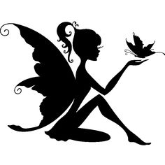 the silhouette of a fairy holding a flower in her hand and sitting on the ground