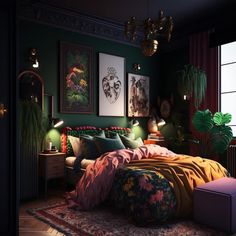 a bedroom decorated in green and pink with pictures on the wall above the headboard