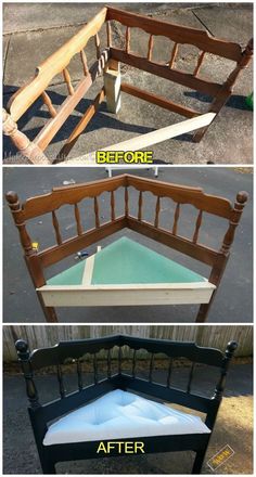 the before and after pictures of an old bed frame with mattresses on each side