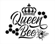 queen bee with crown and honeycombs in the background, black on white illustration