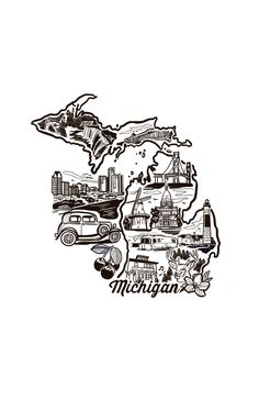 the state of michigan is shown in black and white with an outline of its capital