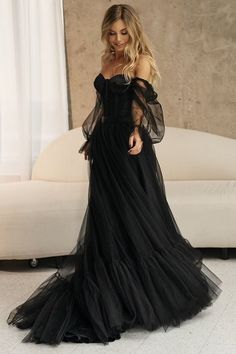 Promise of Love Black Long Sleeve Tulle Maxi Dress | Jewelclues Black Tulle Wedding Dress, Long Sleeve Bridal Gown, Informal Weddings, Tulle Maxi Dress, Dark Wedding, فستان سهرة, Black Tulle, Love Black, Long Sleeve Wedding