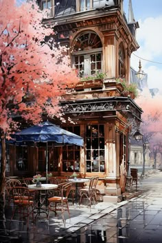 a painting of an outdoor cafe with tables and umbrellas in front of the building