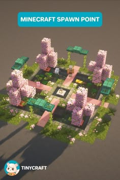 an aerial view of a pink house with trees and bushes on the ground in minecraft