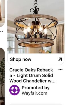 the chandelier is made from wood and has five lights