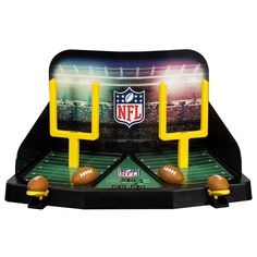 an inflatable football stand with two footballs on it and the nfl logo