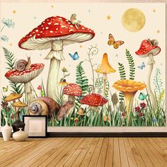 a wall mural with mushrooms and butterflies on it in a living room, next to a wooden floor