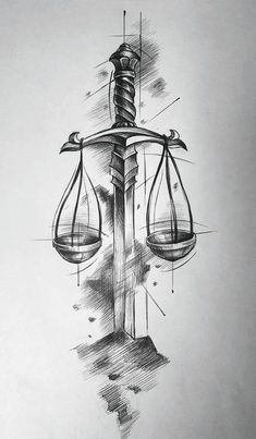 a pencil drawing of a scale with two birds on it and an hourglass in the middle