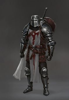 a knight in full armor standing on a gray background