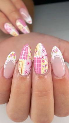 Plaid Pink Nails, Light Pink And Yellow Nails, Quilt Nail Art, Square Pastel Nails, Lavender Floral Nails, Cute Short Almond Nails Ideas, Patchwork Nail Art, Love Shack Fancy Nails, Derby Nails