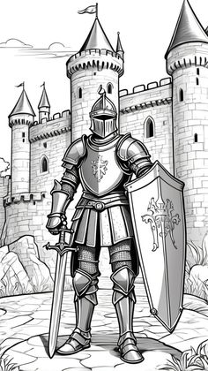 a black and white drawing of a knight standing in front of a castle