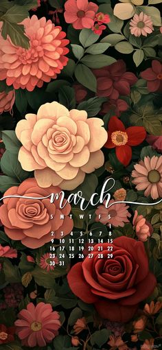 a calendar with flowers and leaves on it