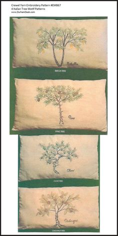 three pillows with different tree designs on them